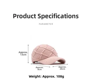 Detailed dimensions of pink knit baseball cap featuring textured diamond pattern