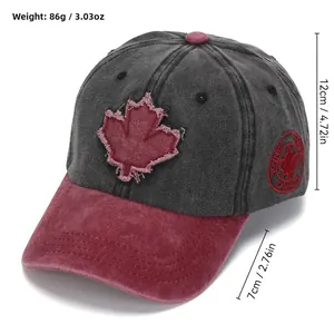 Distressed washed cotton baseball cap with 3D maple leaf embroidery and size details.