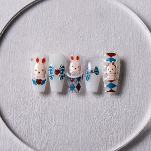 5D embossed 3D rabbit nail art patches with cute bow and blue heart decorations