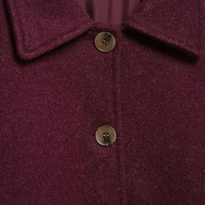 Women's vintage loose wool jacket in deep wine red featuring lapel and marble buttons