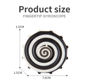 Detailed size chart showing 7.6cm diameter and 1.5cm thickness of the fingertip gyroscope