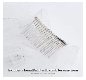 Detail view of the white mesh veil featuring an integrated plastic hair comb for easy attachment