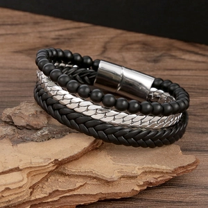 Fashionable multilayer bracelet with black obsidian beads and woven leather rope cord