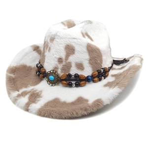 Chapeau de cowboy rétro à motif vache en fausse fourrure avec ruban à perles en bois