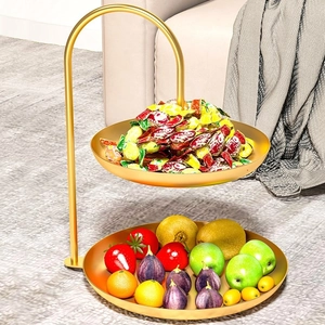 Luxury gold 2-tier metal fruit tray and snack rack with fresh fruit and candies