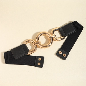 Chic black elastic waist belt with gold metal ring buckle for women's dresses