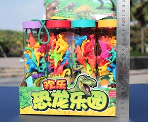Detailed view of assorted mini dinosaur toy sets in clear tubs with a 21cm height scale