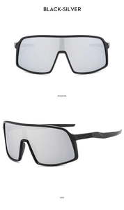 Multi-angle views of black sports sunglasses with silver reflective one-piece lenses