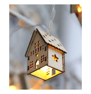 Close-up of wooden house LED string lights with warm glow and natural wood finish