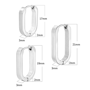 Three sizes of polished geometric steel hoop earrings including 17mm, 19mm and 21mm