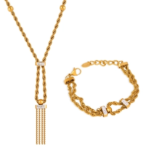 Parure de bijoux en acier titane doré avec chaînes torsadées et breloques en strass