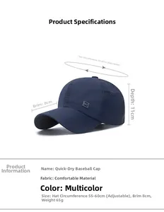 Quick-dry baseball cap detail with 55-60cm adjustable size and breathable mesh holes