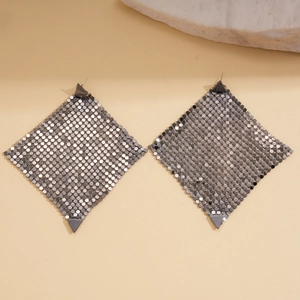 Edgy gunmetal mesh diamond earrings with geometric triangle accents and metallic finish