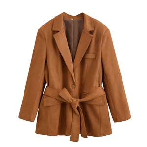 Giacca Blazer In Similpelle Scamosciata Da Donna Con Cintura Revers Manica Lunga Casual Caramello Moda Autunnale
