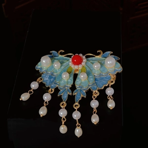Pince à cheveux papillon vintage avec émail bleu, pompons en perles et art filigrane