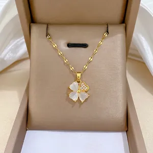Titanium steel four leaf clover necklace with mother of pearl and gold plating for women