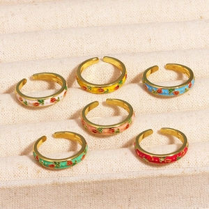 Set of six colorful enamel floral open rings with vintage red rose patterns on gold alloy