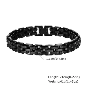 Detail of black stainless steel watchband bracelet with 1.1cm width and 21cm length