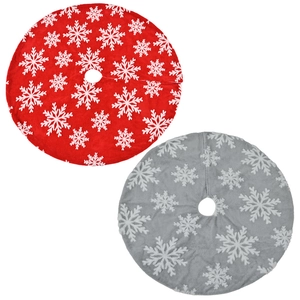 Plush Christmas tree skirts with white snowflake patterns in red and grey colors