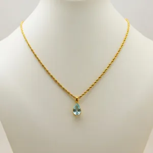 Minimalist 18K gold-plated stainless steel rope chain necklace with blue teardrop pendant