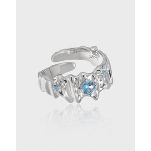 Irregular Wave Liquid Metal Ring 925 Sterling Silver Blue Zircon Adjustable Open Band Fashion Jewelry For Women