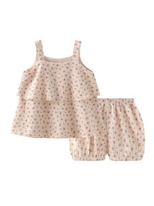 Baby girl floral two-piece cotton gauze camisole and shorts set for summer wear
