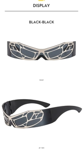Detailed front and side view of Y2K wrap glasses with silver mesh texture and black frame