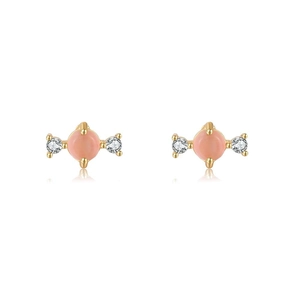 Close-up of pink gemstone stud earrings with 18K gold plating and zircon side stones