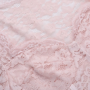 Close-up of pink lace fabric showing intricate floral patterns and fine stitching detail