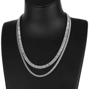 Double-layered silver necklace set with square-cut crystals and flat snake chain for women
