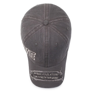 Vintage washed dark grey cotton baseball cap with letter embroidery and side patches