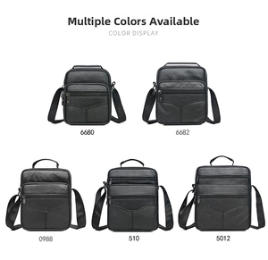 Detailed comparison of five black leather messenger bags with various pocket layouts