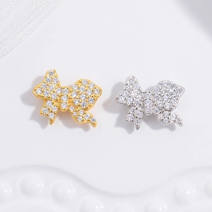 Bow-shaped S925 silver charms with micro-pave cubic zirconia for DIY jewelry