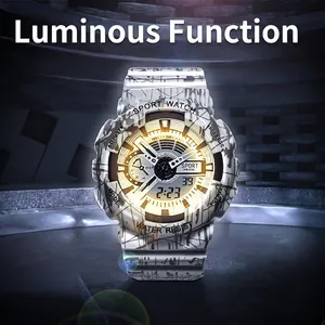 Waterproof sports digital watch with LED backlight and abstract camo print strap