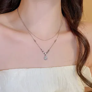 Water Drop Teardrop Pendant Necklace Stainless Steel Zircon Clavicle Chain Elegant Light Luxury Jewelry For Women