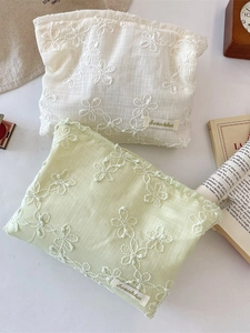 Lace floral embroidery cosmetic pouch with high capacity for makeup and skincare
