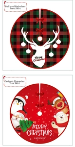 Detailed views of 90cm Christmas tree skirts with cartoon reindeer and plaid patterns