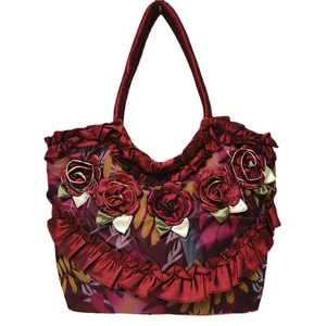 Large burgundy silk handbag with 3D handmade roses and elegant ruffle trim detail