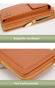 Close-up of brown litchi pattern PU leather wallet with gold zipper and neat stitching