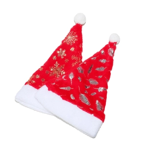 Plush Christmas hats set with golden snowflake and silver feather patterns on red fabric
