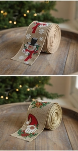 Détails de rubans de Noël en toile de jute avec motifs de bonshommes de neige et gnomes