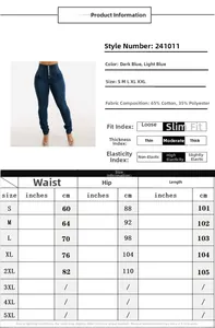 Größentabelle mit Maßen für figurbetonte High-Waist-Stretch-Denim-Skinny-Jeans