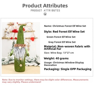 Detail of Christmas gnome wine bottle cover in green fabric with faux fur beard