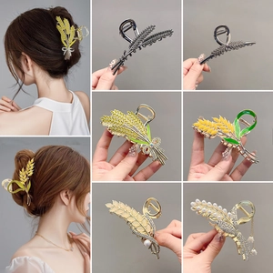 Elegant Wheat Stalk Floral Hair Claw Clips Zinc Alloy Rhinestone Artificial Pearls Large Shark Clips For Women Sophisticated Hair Accessories