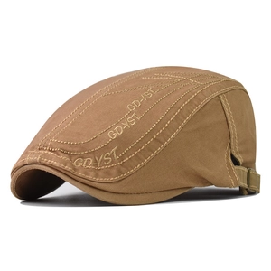 Adjustable khaki cotton flat cap with GDYST embroidery and decorative wavy stitching