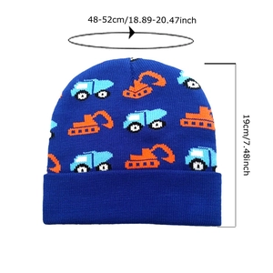 Kids navy knit beanie with orange excavator pattern and detailed size dimensions