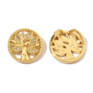 Detailed front and back view of gold tree of life pendant with white rhinestones