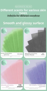 Face oil blotting sheets in green tea, bamboo charcoal, rose and lavender, 100 sheets per pack
