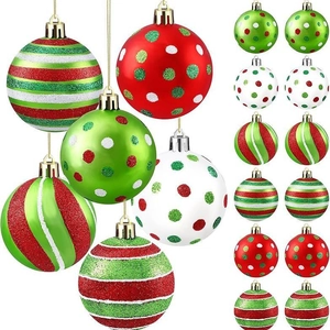 Set of 12 festive 6cm Christmas balls with red green and white matte glitter patterns