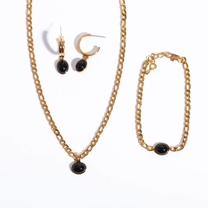 Titanium Steel Figaro Chain Necklace Bracelet And Earrings With Copper Black Natural Stone Pendant Vintage Fashion